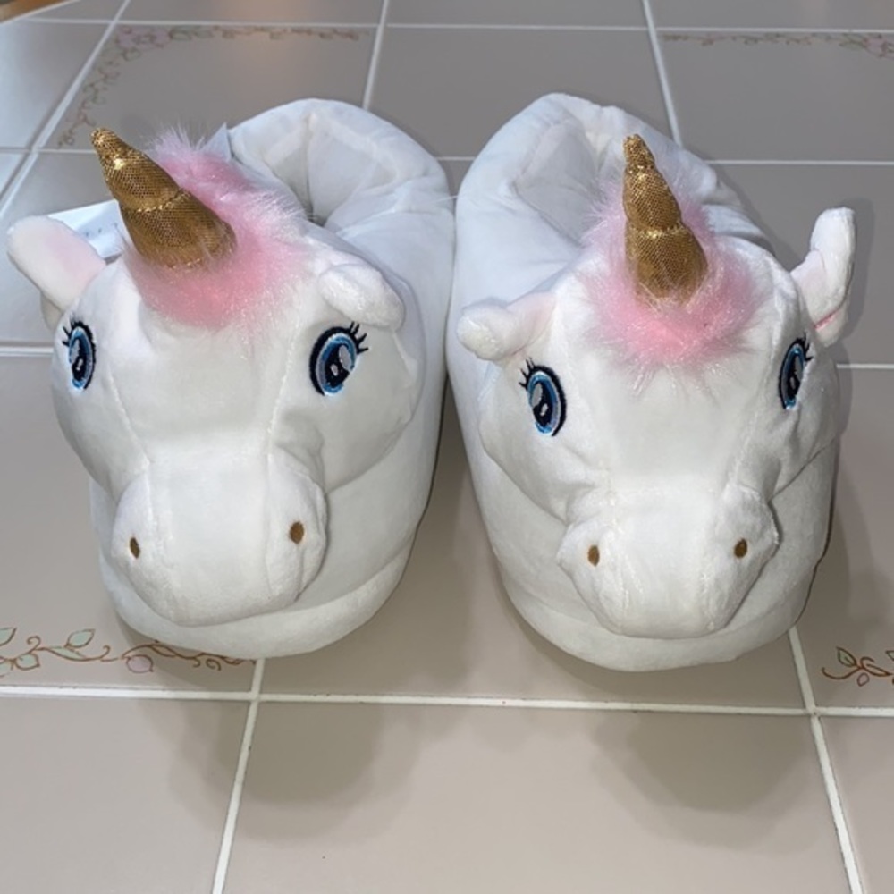 Silver Lilly Unicorn Plush Slippers White Large